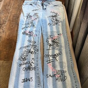 Graffiti High Rise Flare Leg Light Blue Jeans